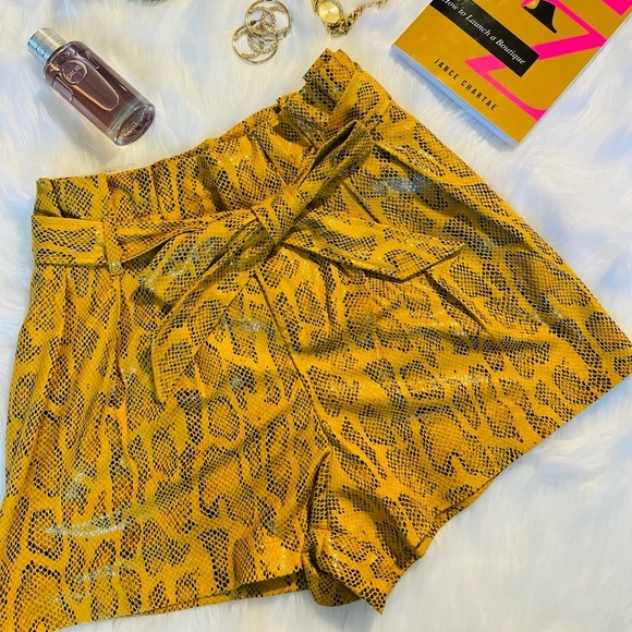 New On Trend Mustard Faux Leather Snake Skin High Waisted Paper Bag Shorts - Picture 2 of 3